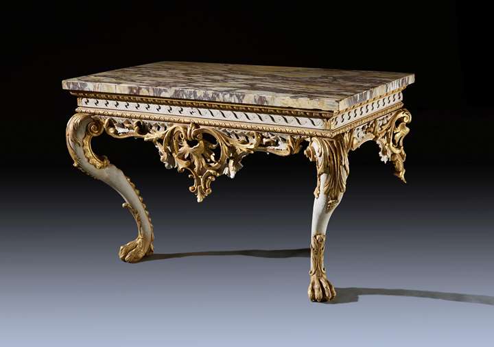 A Fine George II Period White Painted and Gilt Console Table with Breccia Marble Top